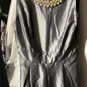 Silver Party Dress with Pearl-Trim Neckline